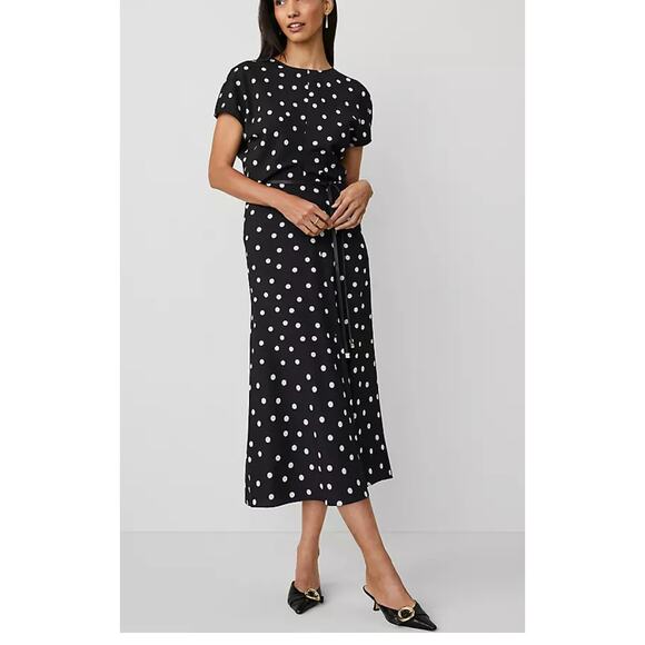 NWOT Ann Taylor Petite Polka Dot Midi Dress 8P Black White - Picture 1 of 7